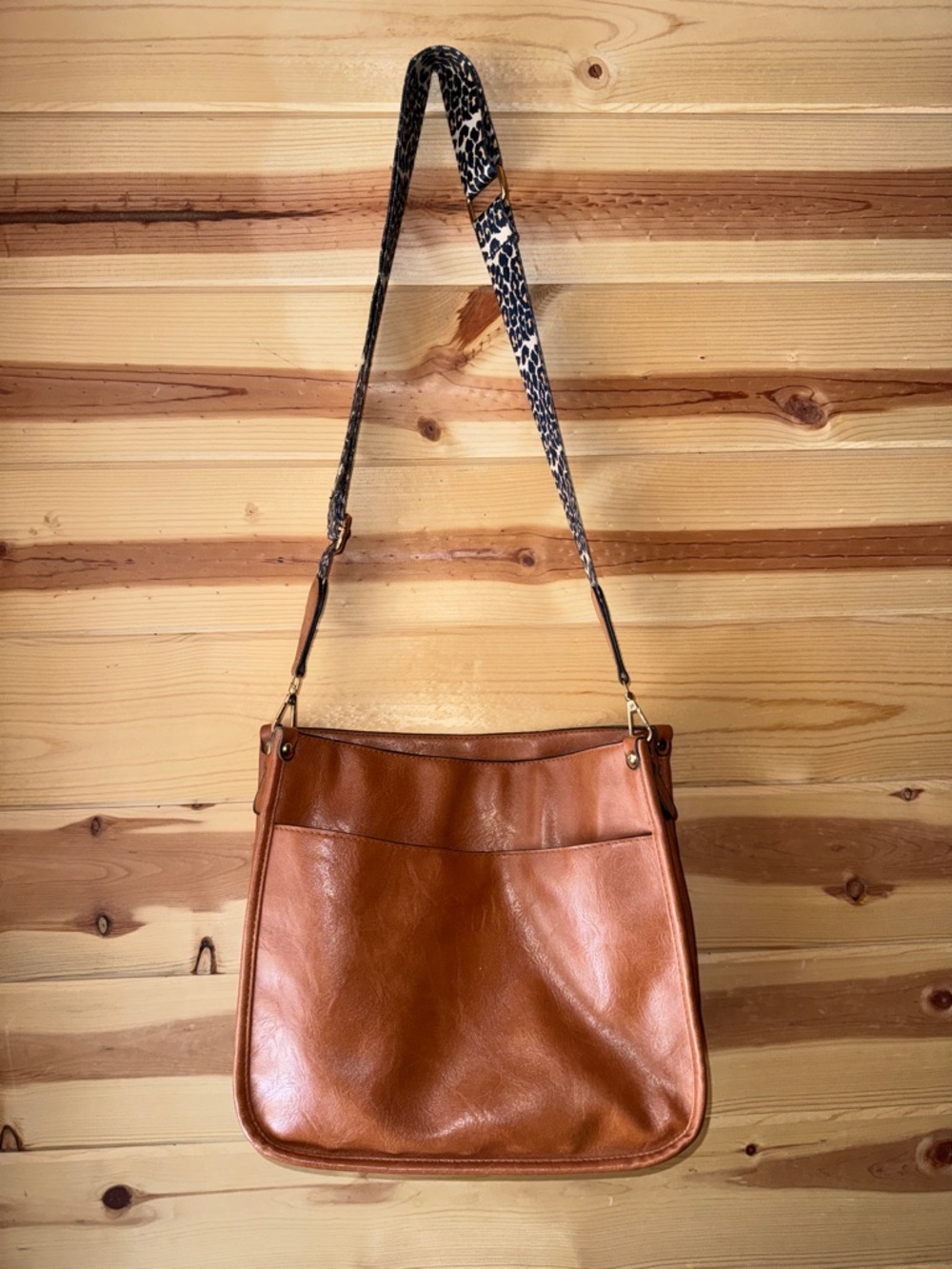 Leather Shoulder Bag in Cognac Brown with Cheetah Patterned Strap